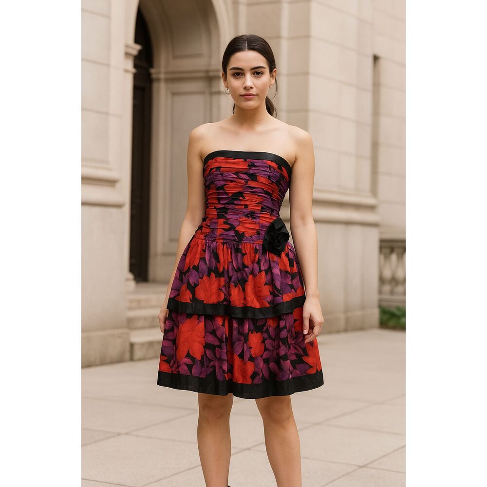 A.J. Bari Silk Vintage Strapless WhimsyGoth Fairy Floral Dress 4